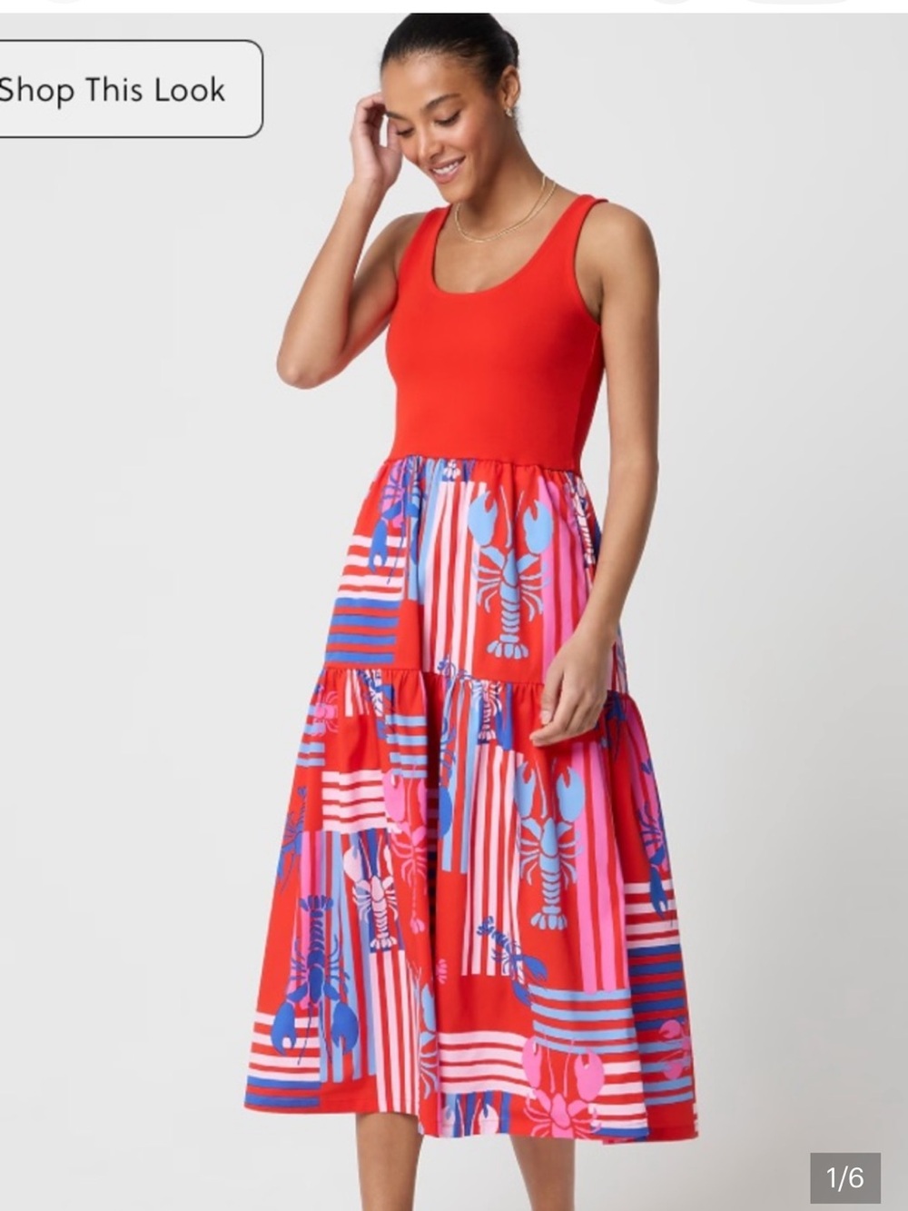 J. Crew Factory tiered mixed-media maxi dress - Red Blue and lobster print